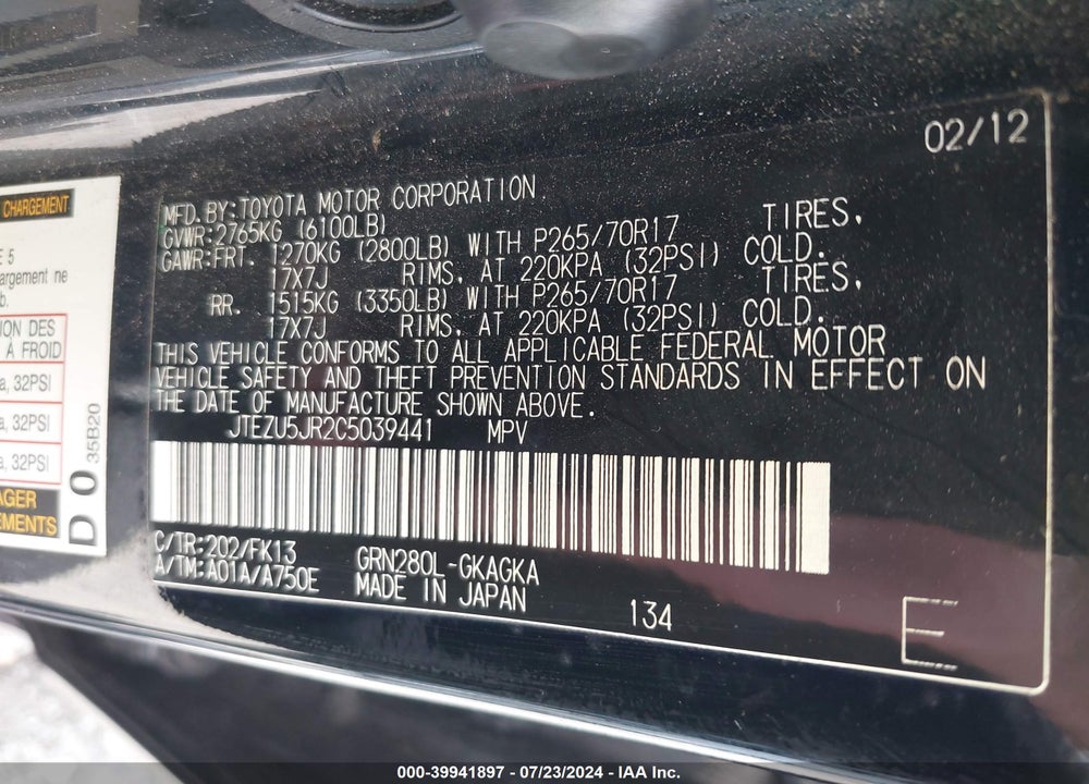 2012 TOYOTA 4RUNNER SR5 VIN: JTEZU5JR2C5039441
