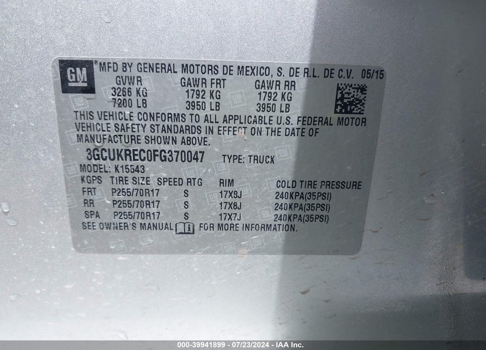 2015 CHEVROLET SILVERADO 1500 1LT VIN: 3GCUKREC0FG370047