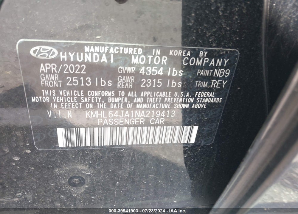 2022 HYUNDAI SONATA SEL VIN: KMHL64JA1NA219413