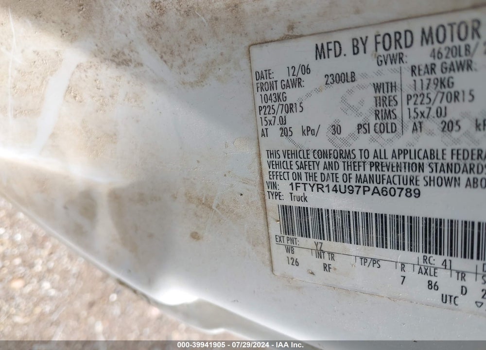 2007 FORD RANGER SPORT/STX/XL/XLT VIN: 1FTYR14U97PA60789