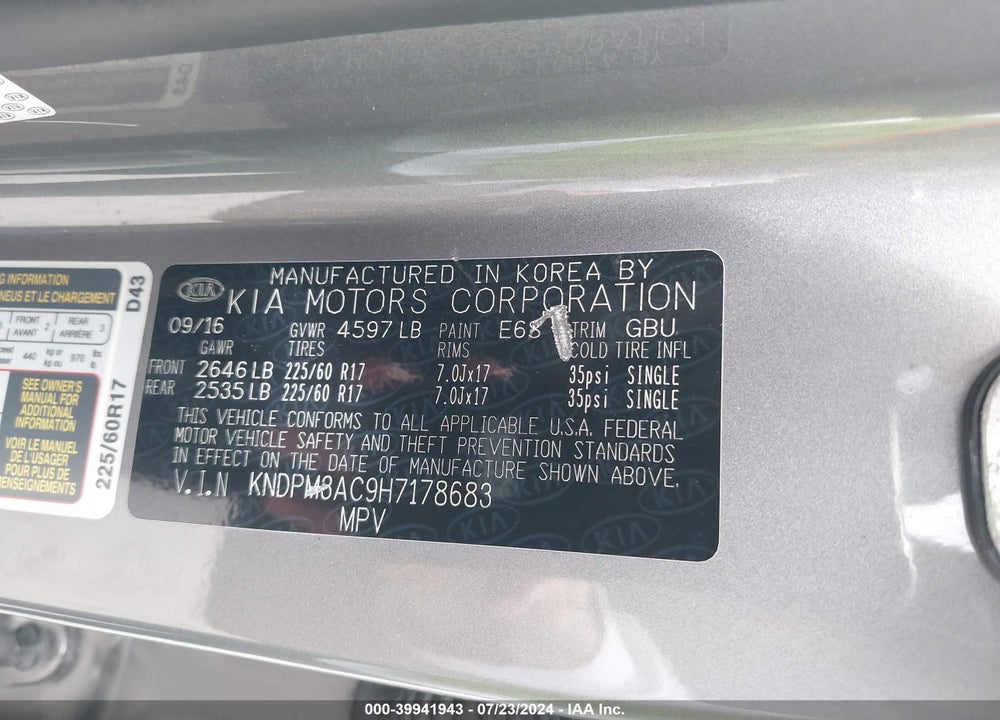2017 KIA SPORTAGE LX VIN: KNDPM3AC9H7178683