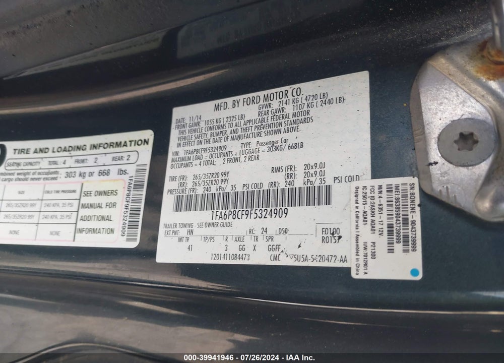 2015 FORD MUSTANG GT PREMIUM VIN: 1FA6P8CF9F5324909