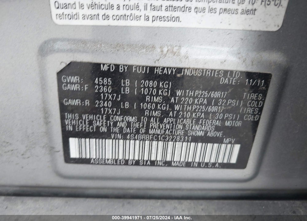 2012 SUBARU OUTBACK 2.5I PREMIUM VIN: 4S4BRBFC1C3228311