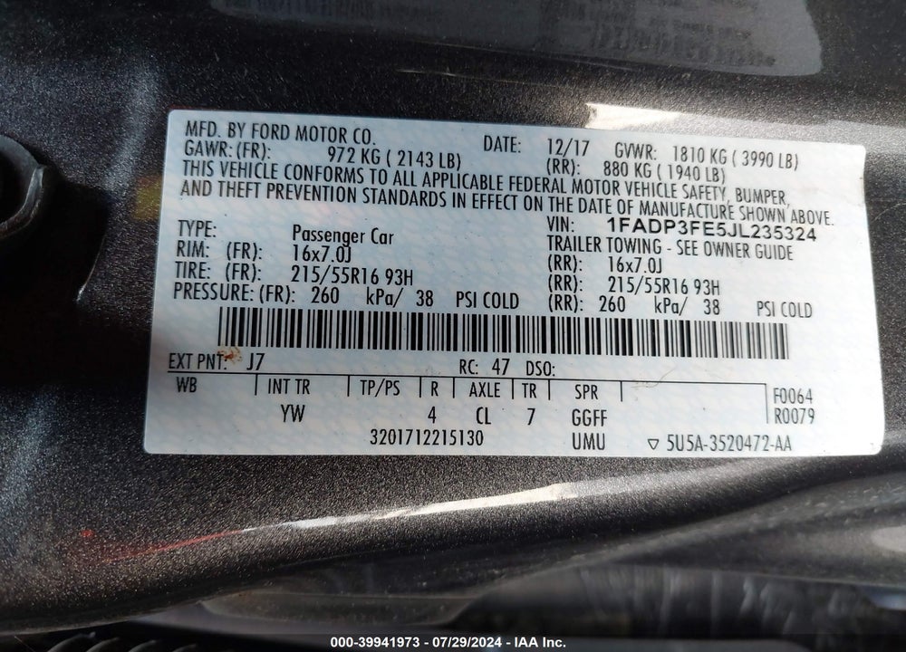2018 FORD FOCUS VIN: 1FADP3FE5JL235324