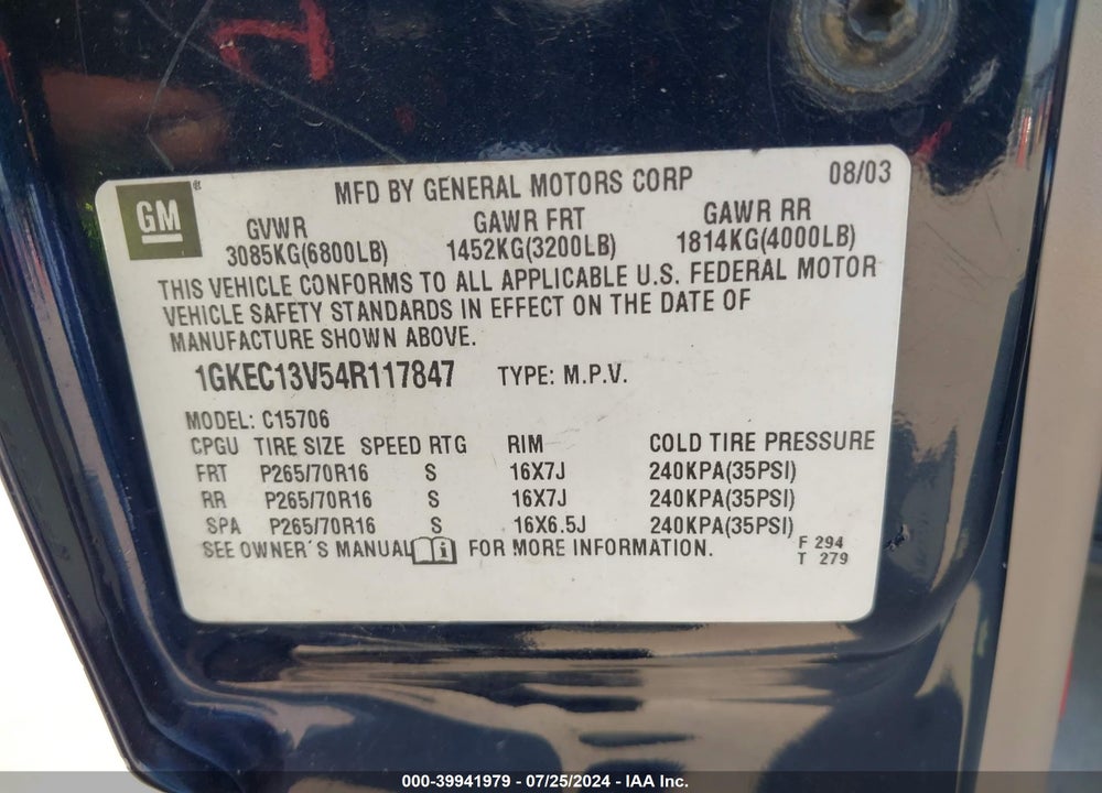 2004 GMC YUKON SLE VIN: 1GKEC13V54R117847