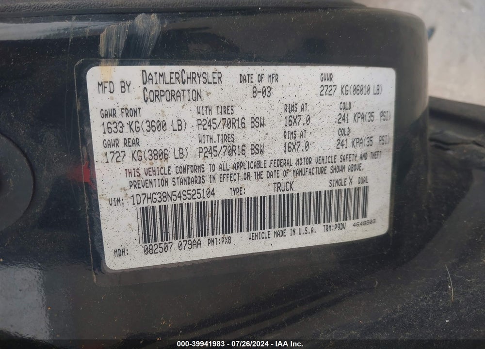 2004 DODGE DAKOTA SPORT/SXT VIN: 1D7HG38N54S525104