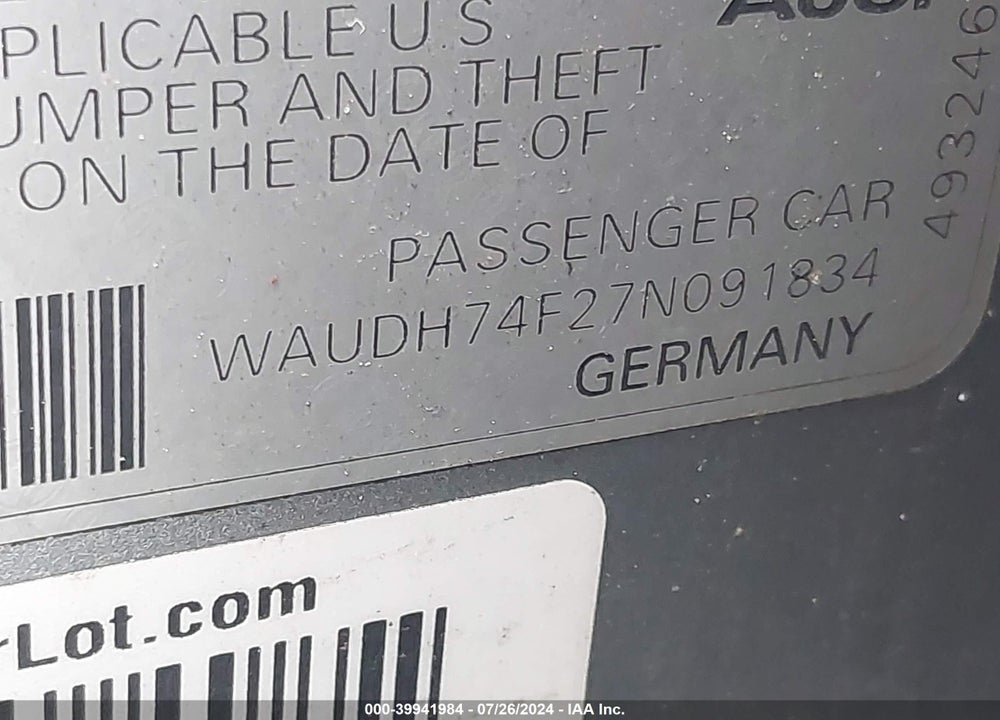 2007 AUDI A6 3.2 VIN: WAUDH74F27N091834