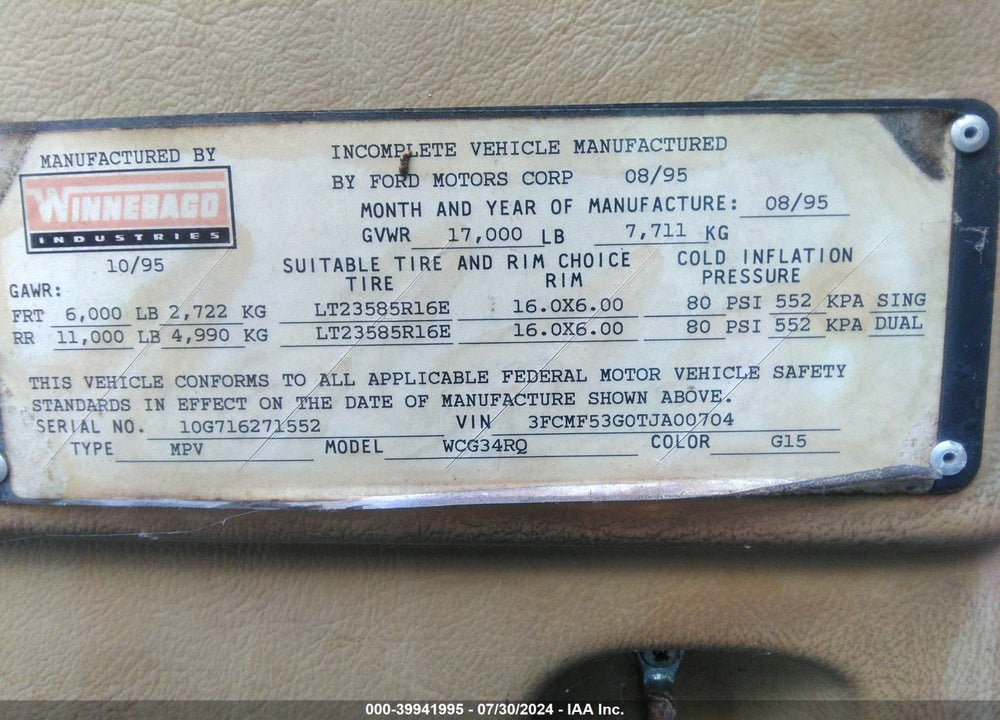 1996 FORD F530 SUPER DUTY VIN: 3FCMF53G0TJA00704