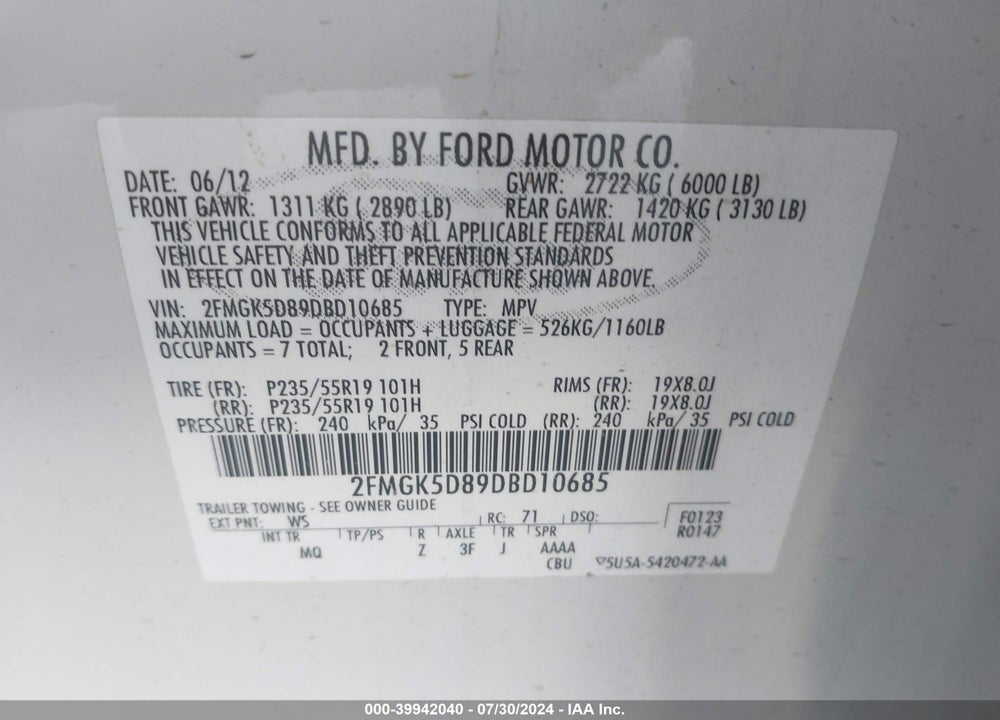 2013 FORD FLEX LIMITED VIN: 2FMGK5D89DBD10685