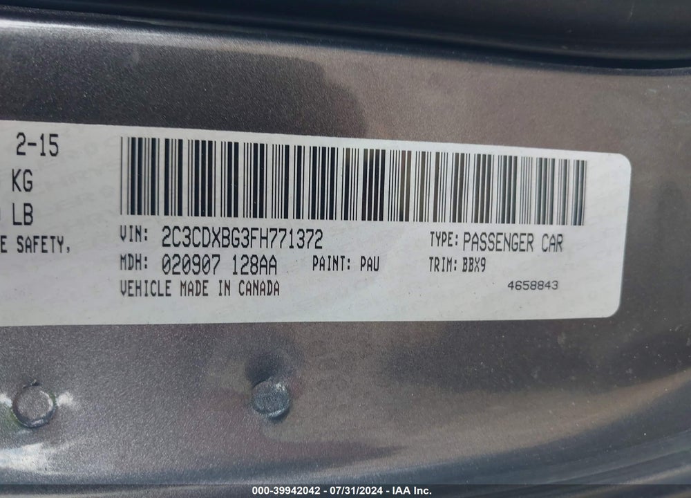 2015 DODGE CHARGER SE VIN: 2C3CDXBG3FH771372