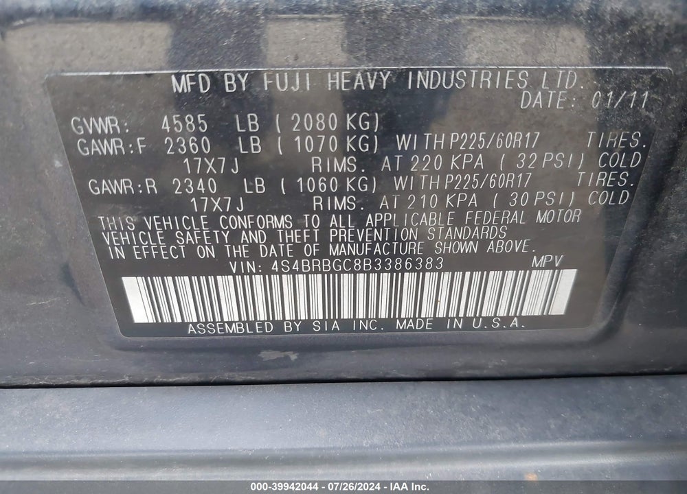 2011 SUBARU OUTBACK 2.5I PREMIUM VIN: 4S4BRBGC8B3386383