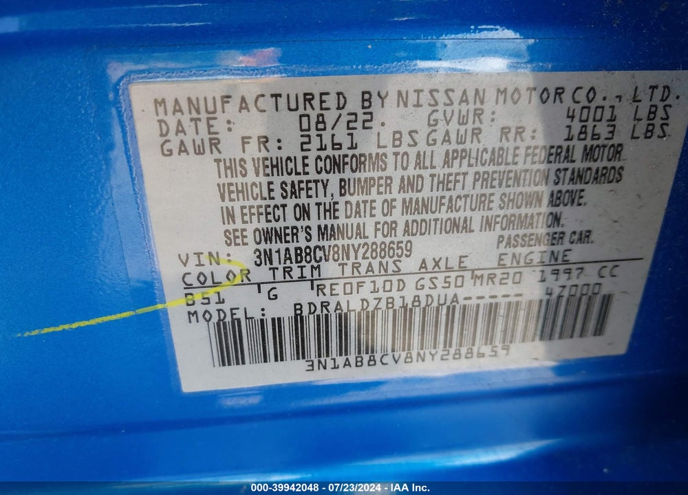 2022 NISSAN SENTRA SV XTRONIC CVT VIN: 3N1AB8CV8NY288659
