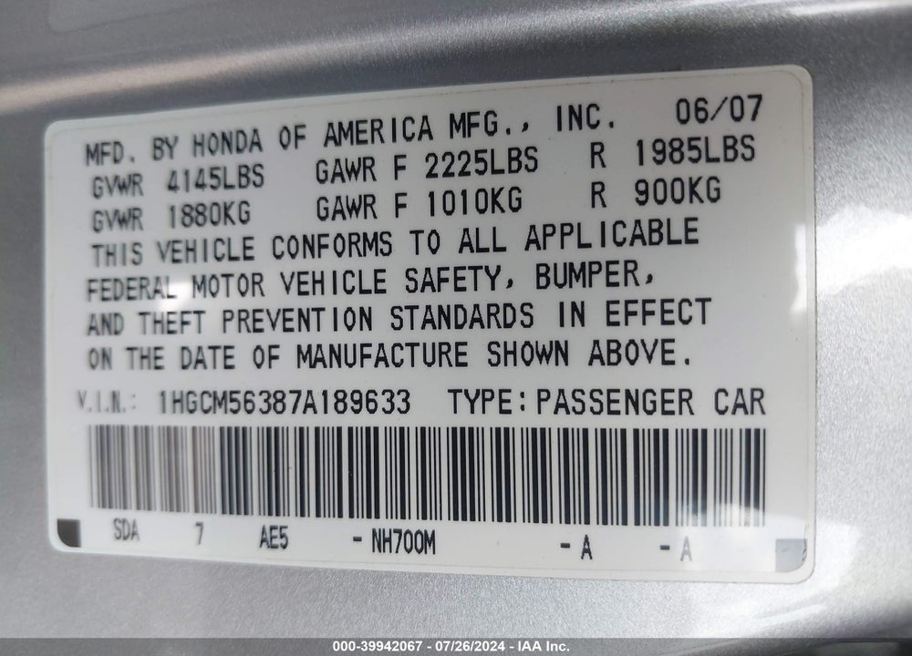 2007 HONDA ACCORD VIN: 1HGCM56387A189633