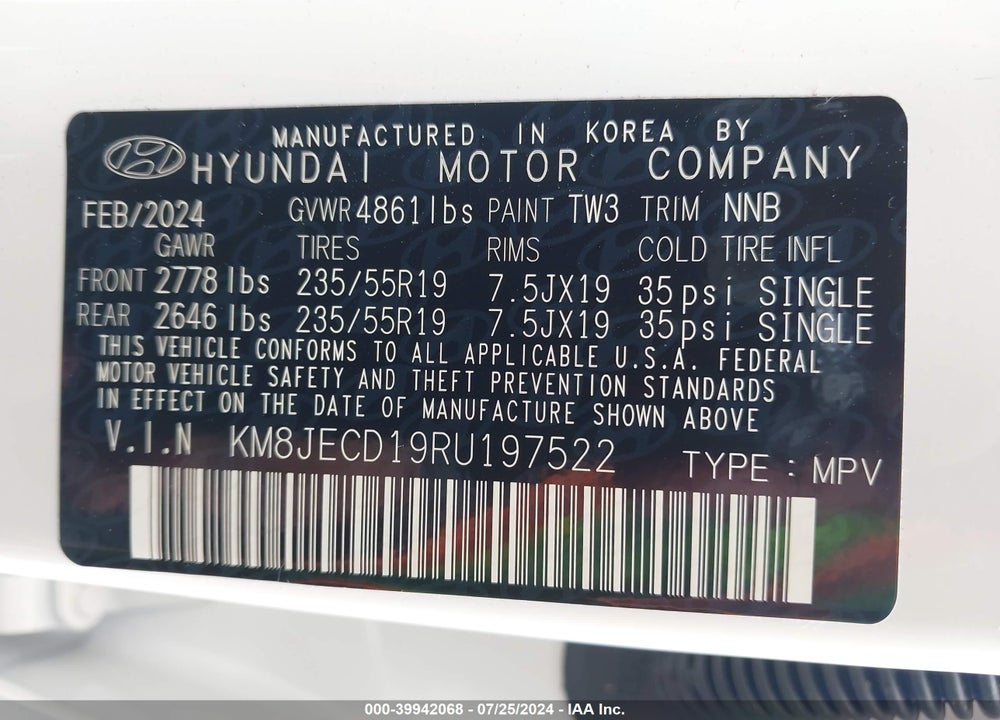 2024 HYUNDAI TUCSON HYBRID LIMITED VIN: KM8JECD19RU197522