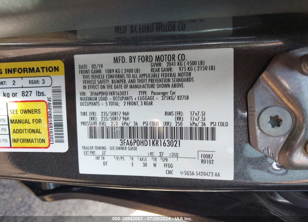 2019 FORD FUSION SE VIN: 3FA6P0HD1KR163021