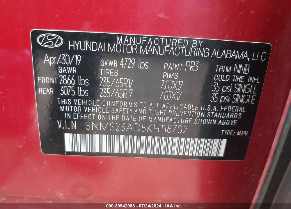2019 HYUNDAI SANTA FE SE VIN: 5NMS23AD5KH118702