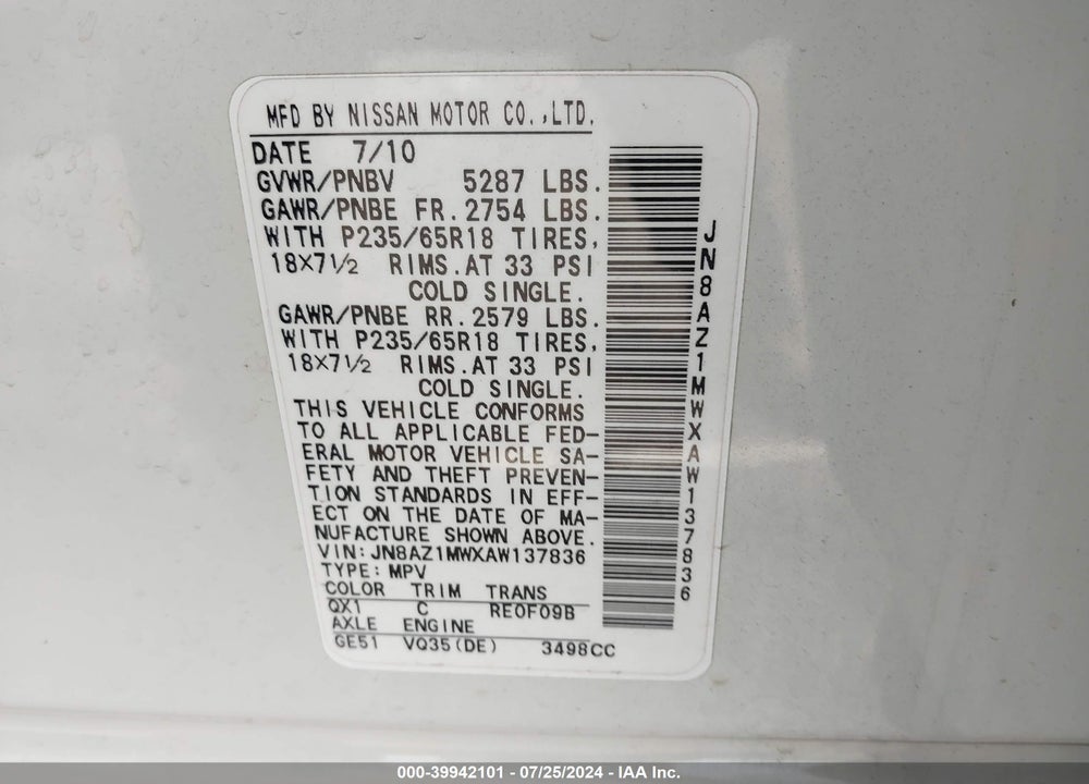 2010 NISSAN MURANO SL VIN: JN8AZ1MWXAW137836