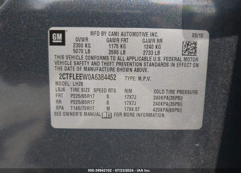 2010 GMC TERRAIN SLE-2 VIN: 2CTFLEEW0A6384452