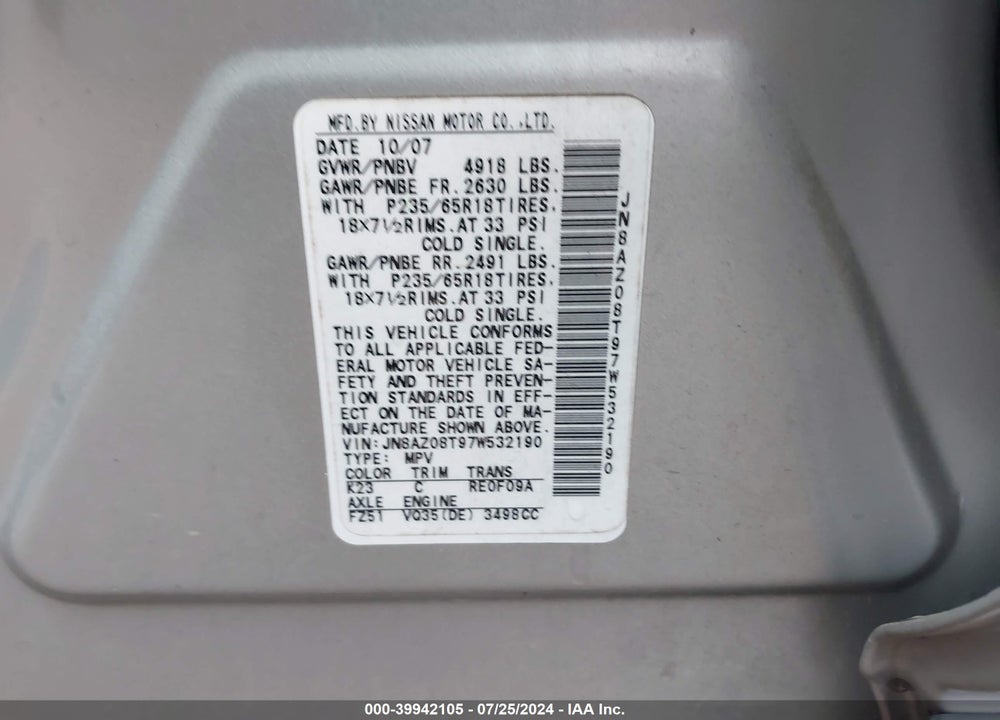 2007 NISSAN MURANO SL VIN: JN8AZ08T97W532190