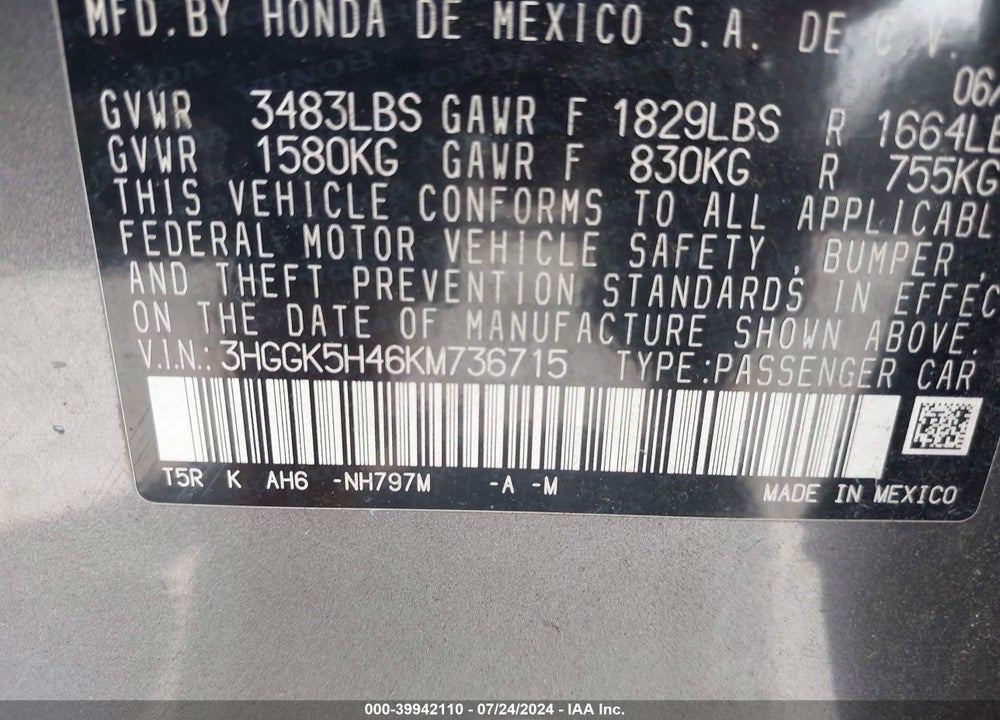 2019 HONDA FIT LX VIN: 3HGGK5H46KM736715
