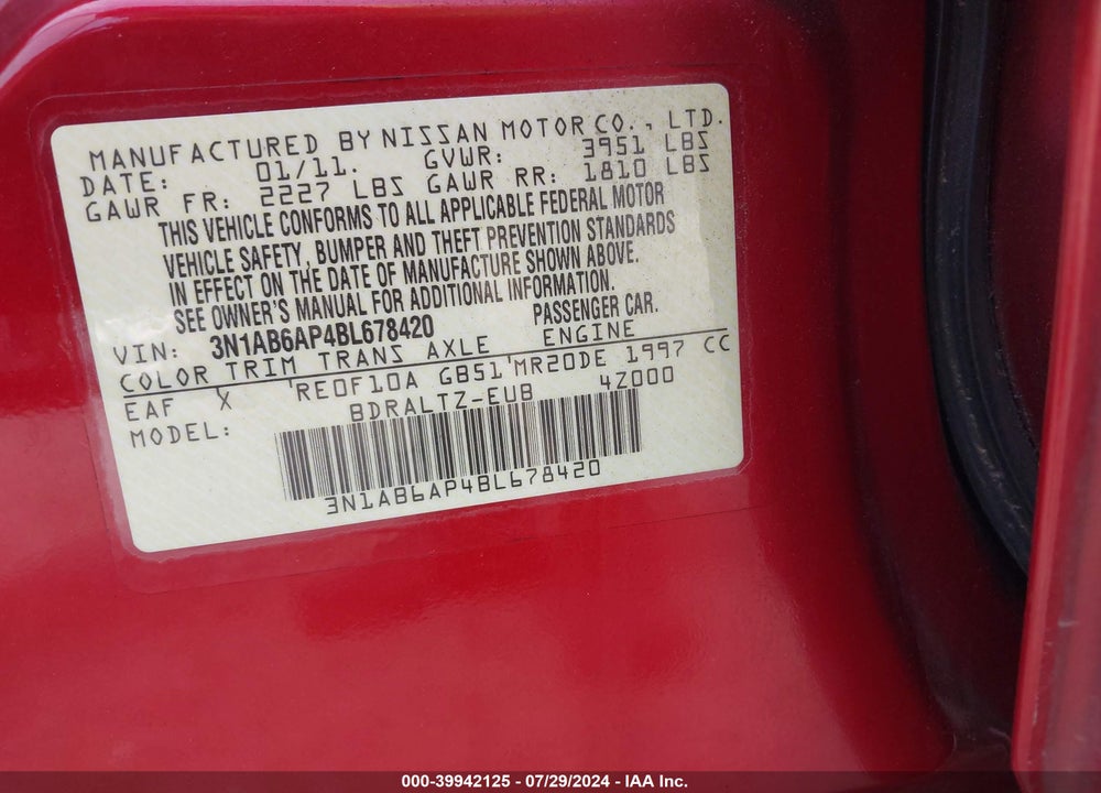 2011 NISSAN SENTRA 2.0SR VIN: 3N1AB6AP4BL678420