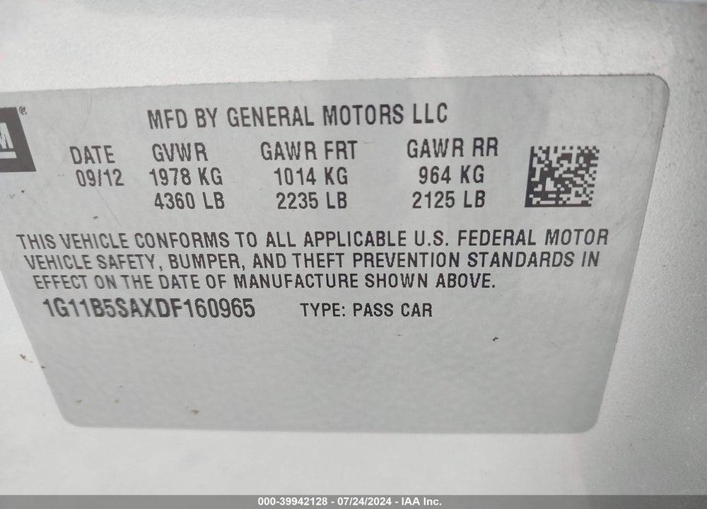 2013 CHEVROLET MALIBU 1LS VIN: 1G11B5SAXDF160965