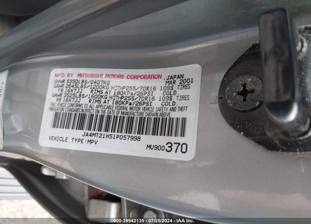 2001 MITSUBISHI MONTERO SPORT ES/LS VIN: JA4MT21H51P057998