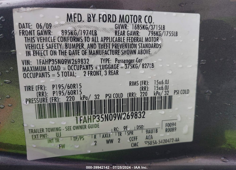 2009 FORD FOCUS VIN: 1FAHP35N09W269832