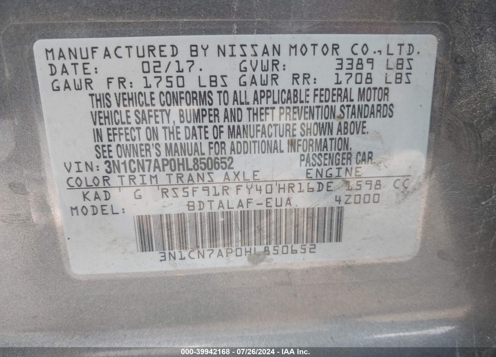 2017 NISSAN VERSA VIN: 3N1CN7AP0HL850652