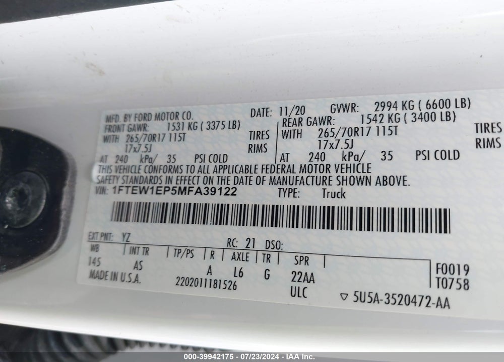 2021 FORD F-150 XL VIN: 1FTEW1EP5MFA39122