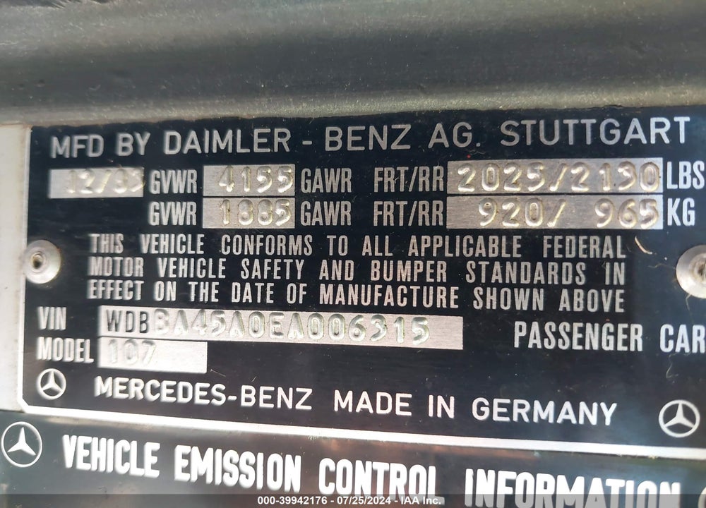 1984 MERCEDES-BENZ 380 SL VIN: WDBBA45A0EA006315