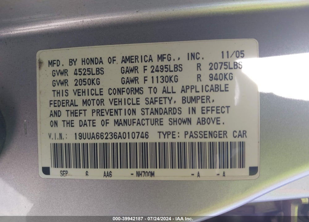 2006 ACURA TL VIN: 19UUA66236A010746