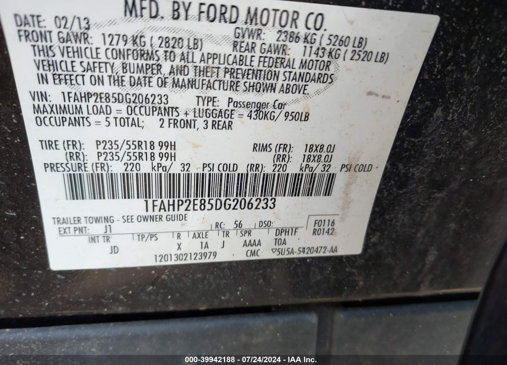 2013 FORD TAURUS SEL VIN: 1FAHP2E85DG206233