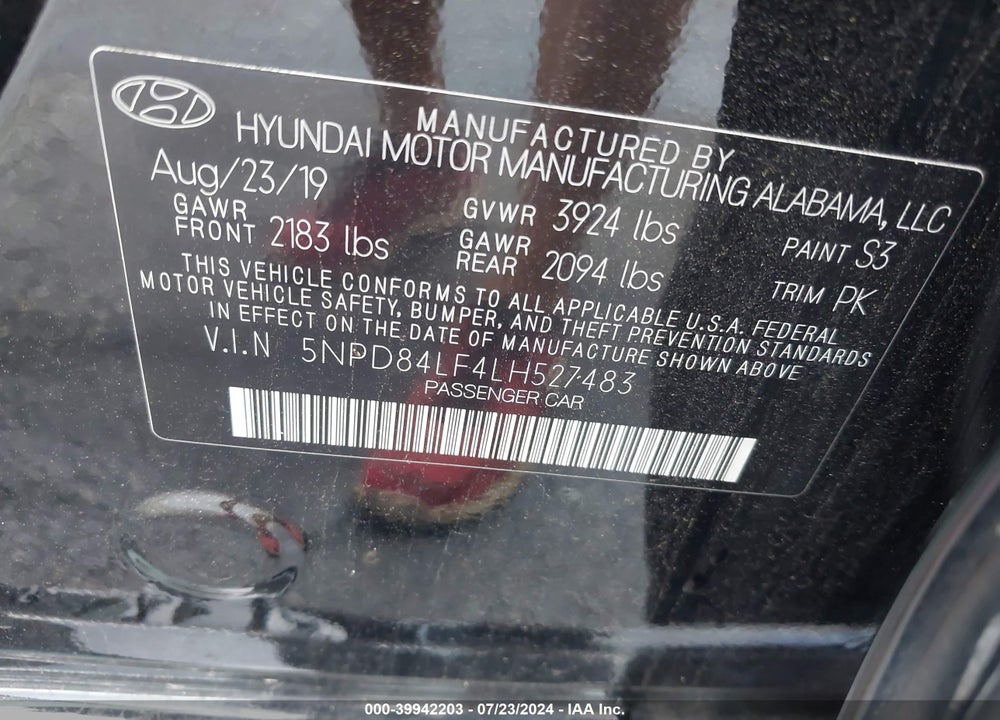 2020 HYUNDAI ELANTRA SEL VIN: 5NPD84LF4LH527483