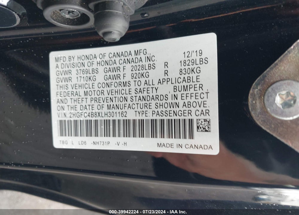 2020 HONDA CIVIC SPORT VIN: 2HGFC4B8XLH301162