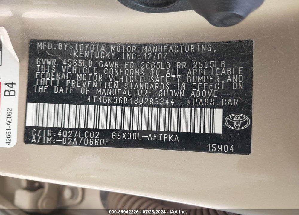 2008 TOYOTA AVALON LIMITED VIN: 4T1BK36B18U283344