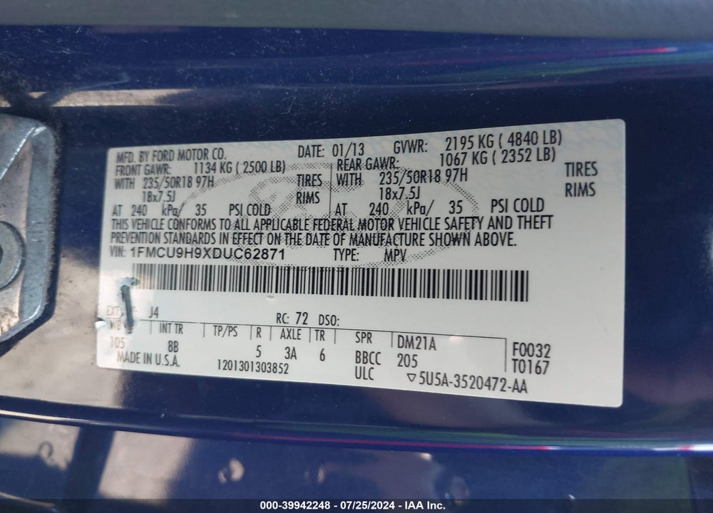 2013 FORD ESCAPE SEL VIN: 1FMCU9H9XDUC62871