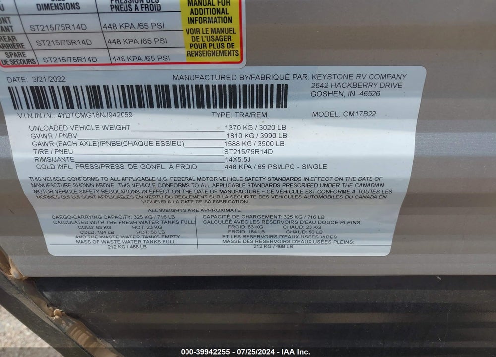2022 COLEMAN BUMPER PULL 20' VIN: 4YDTCMG16NJ942059
