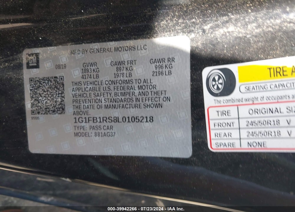 2020 CHEVROLET CAMARO RWD 1LT VIN: 1G1FB1RS8L0105218