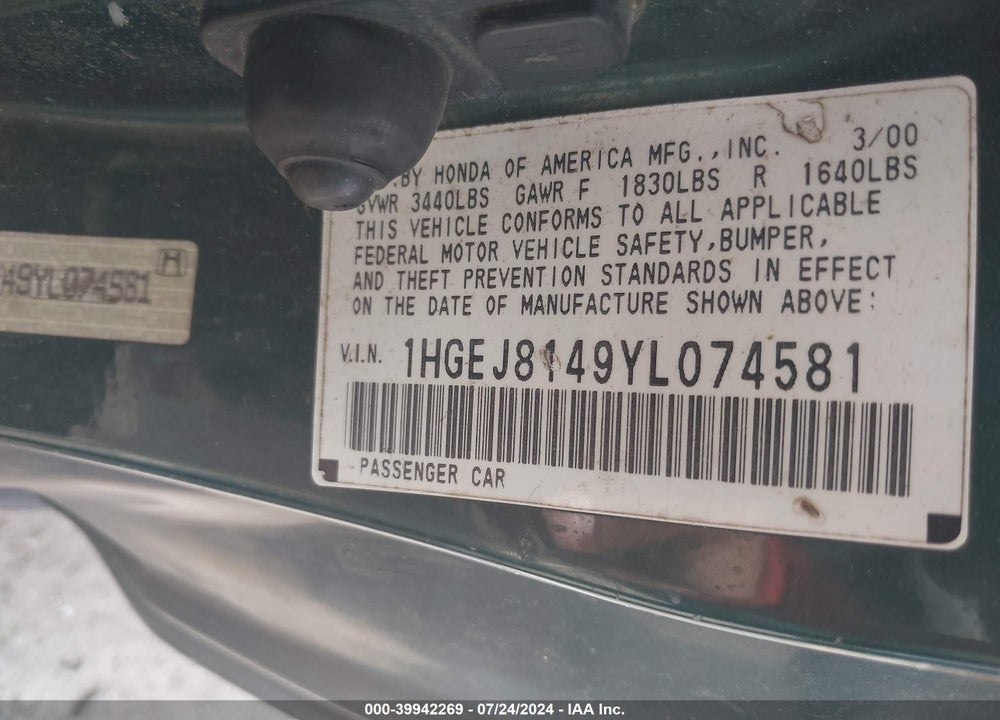 2000 HONDA CIVIC EX VIN: 1HGEJ8149YL074581