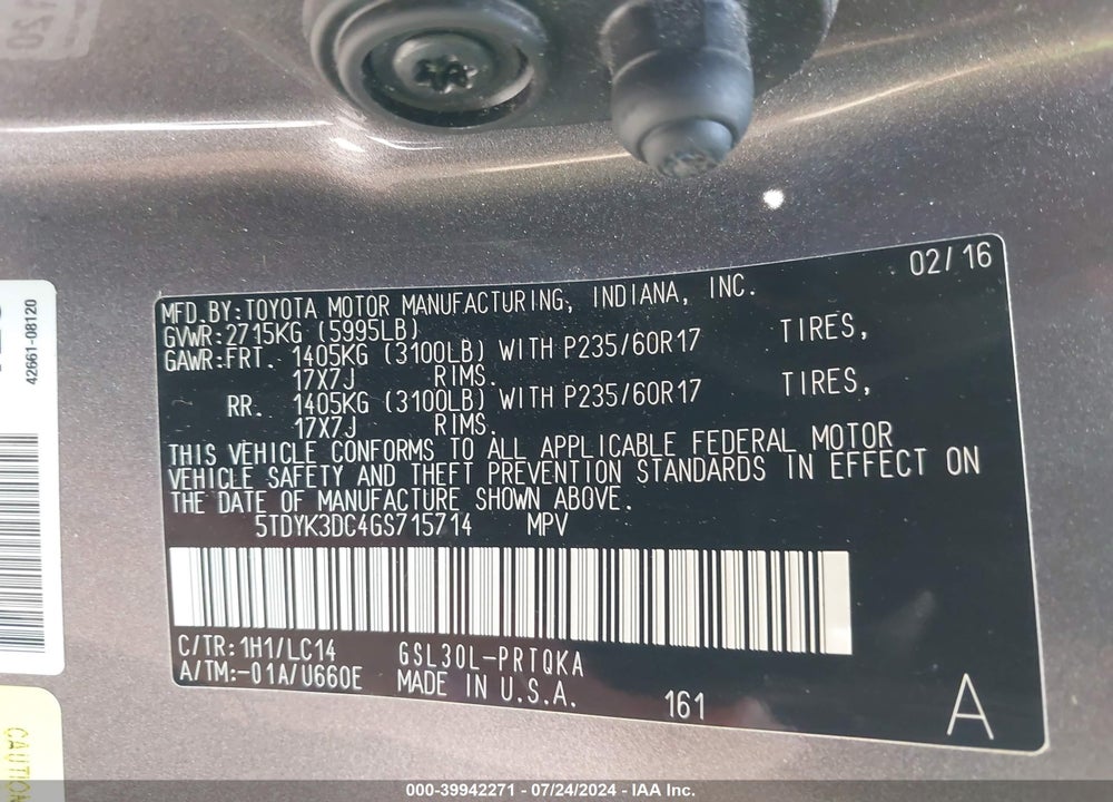 2016 TOYOTA SIENNA XLE 8 PASSENGER VIN: 5TDYK3DC4GS715714