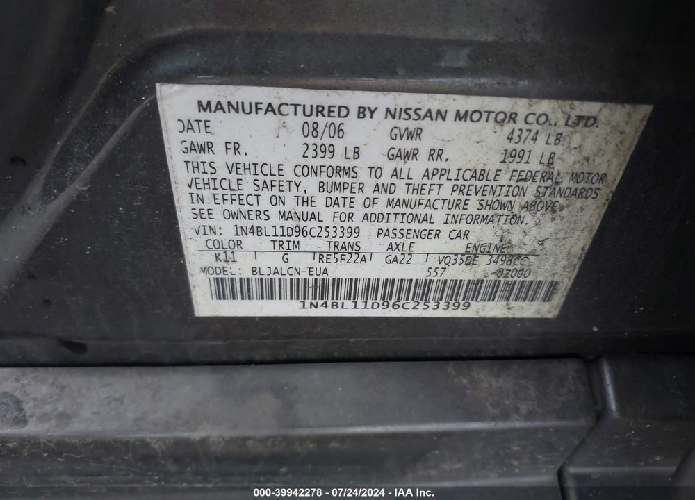 2006 NISSAN ALTIMA 3.5 SE VIN: 1N4BL11D96C253399