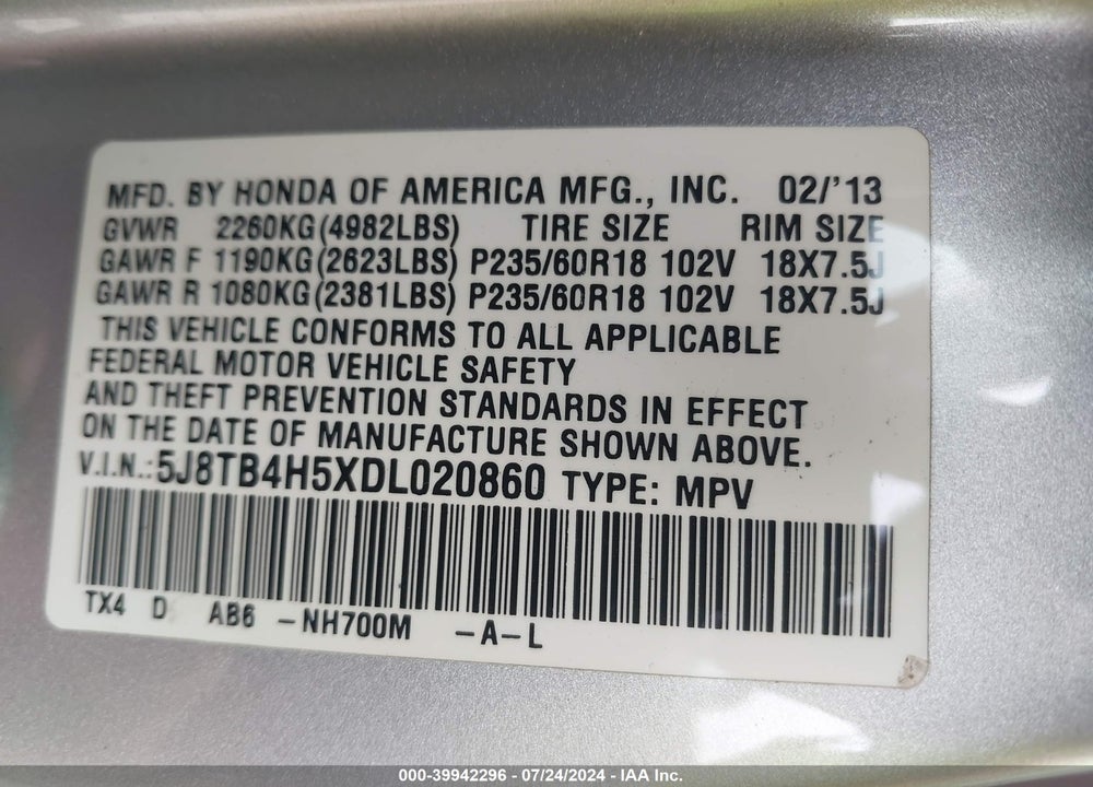 2013 ACURA RDX VIN: 5J8TB4H5XDL020860