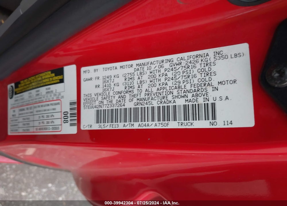 2007 TOYOTA TACOMA BASE V6 VIN: 5TEUU42N77Z337264