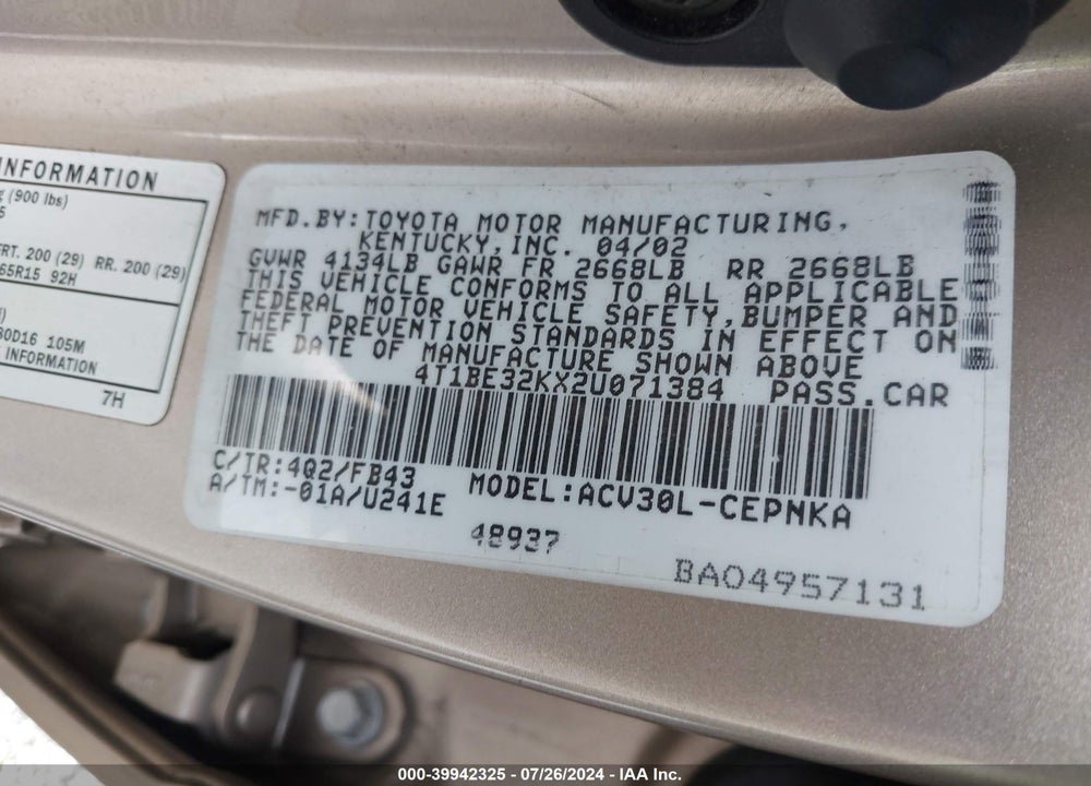 2002 TOYOTA CAMRY LE VIN: 4T1BE32KX2U071384