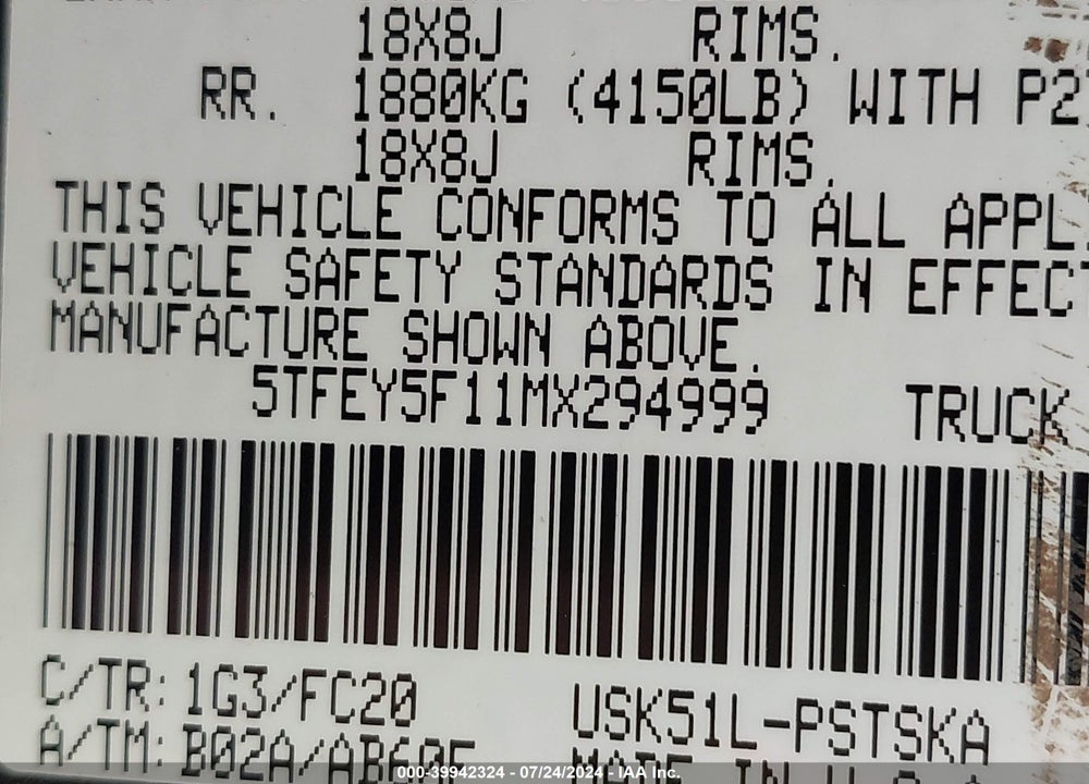 2021 TOYOTA TUNDRA SR5 VIN: 5TFEY5F11MX294999