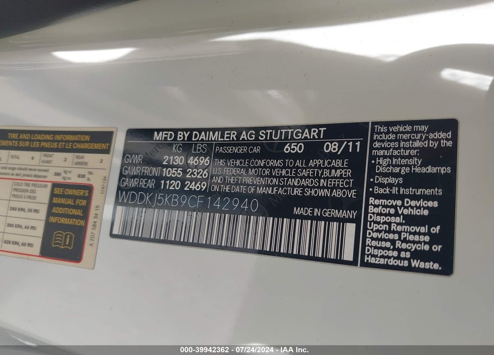2012 MERCEDES-BENZ E 350 VIN: WDDKJ5KB9CF142940
