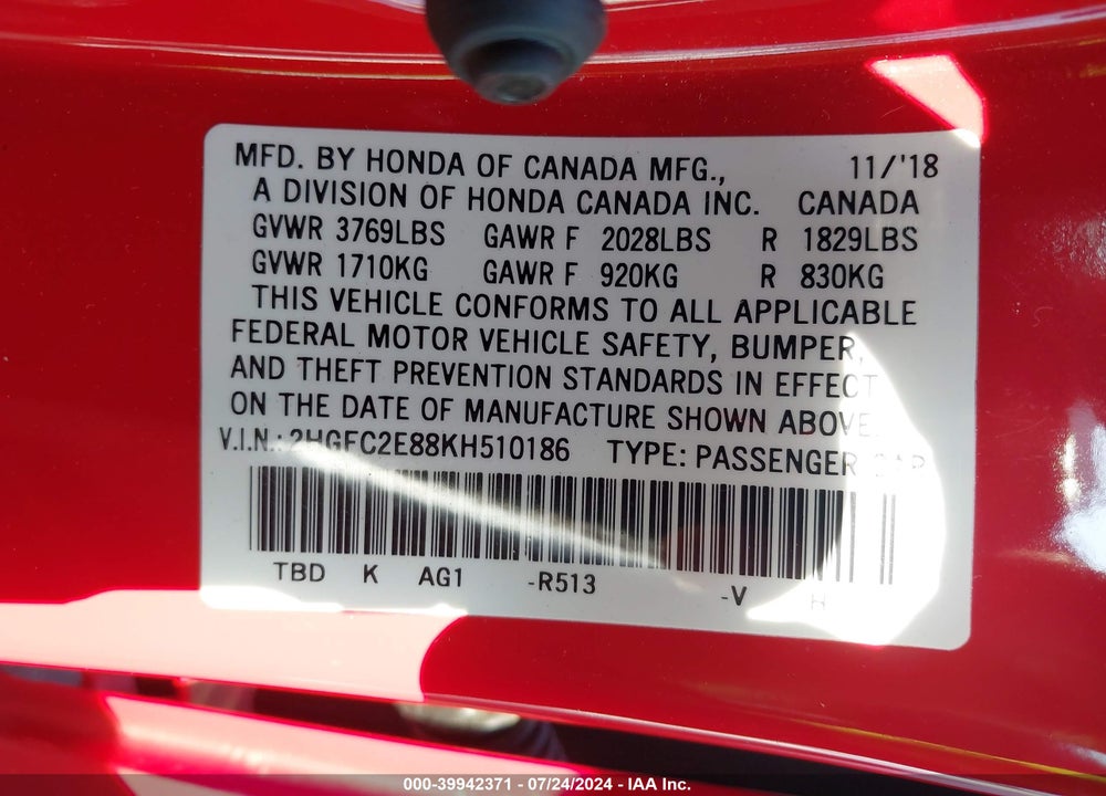 2019 HONDA CIVIC SPORT VIN: 2HGFC2E88KH510186