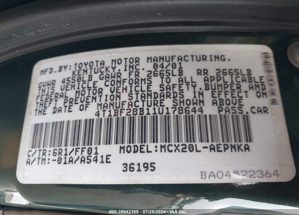 2001 TOYOTA AVALON XL/XLS VIN: 4T1BF28B11U178644