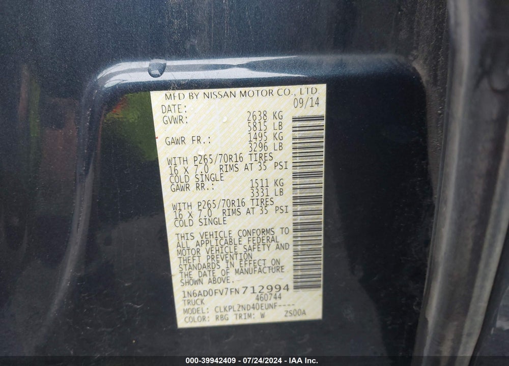 2015 NISSAN FRONTIER SV VIN: 1N6AD0FV7FN712994